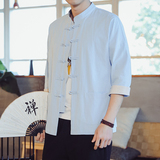 QT715-7212-P55夏季风棉麻开衫短袖衬衫宽松男七分袖衬衣-粉，男装T恤，钱塘715