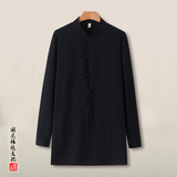 QT715-C7211-P65春秋风棉麻中长款风衣男中式唐装长袖衬衣-灰，男装风衣，钱塘715
