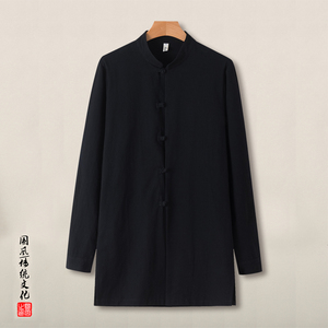 QT715-C7211-P65春秋风棉麻中长款风衣男中式唐装长袖衬衣-白图片