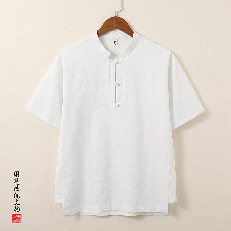 QT715-815-P60夏季风提花棉麻短袖衬衫男大码盘扣立领体恤-白图片