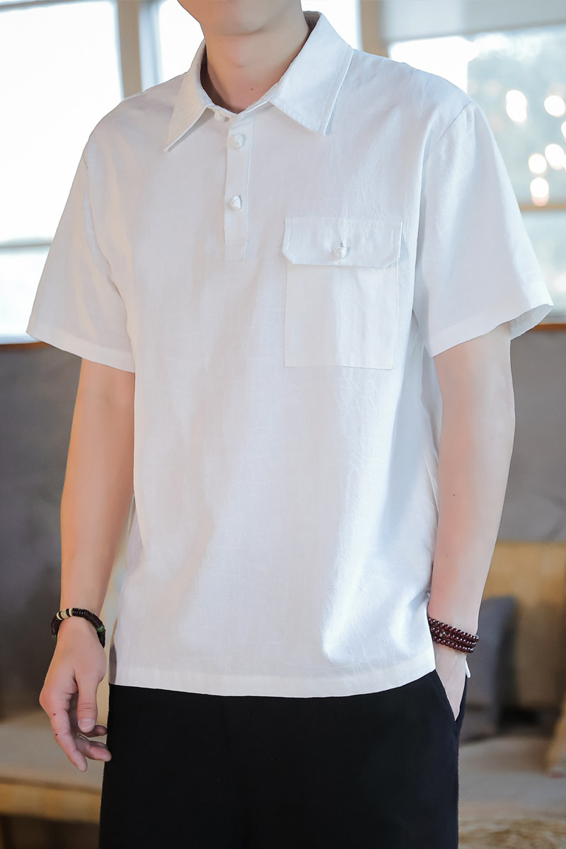 QT715-816-P65风衬衫领短袖提花棉麻T恤男盘扣复古小衫-白,男装T恤,钱塘715