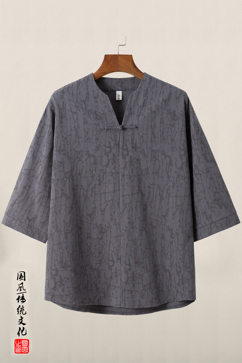 QT715-T1-P60夏季风提花盘扣唐装中式复古短袖T恤男七分袖-灰,男装T恤,钱塘715