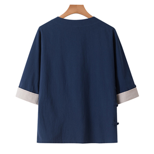QT715-C7221-P60夏季风棉麻短袖衬衫唐装汉服古装小衫-蓝图片