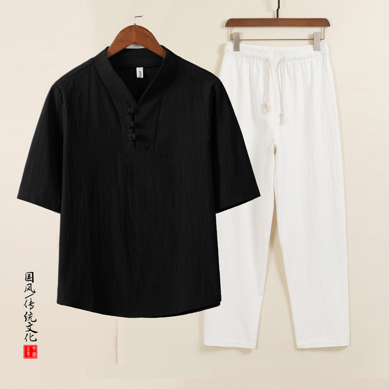 QT715-TZ7026-P73风套装男士棉麻短袖T恤盘扣两件套-6图片