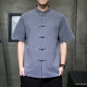 QT715-7010-P55风夏季棉麻衬衣盘扣中式唐装短袖衬衫男-灰图片