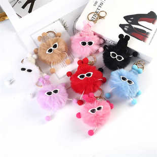 新款小煤球精灵毛球钥匙扣仿獭兔可爱小包包挂饰毛绒公仔毛球挂件