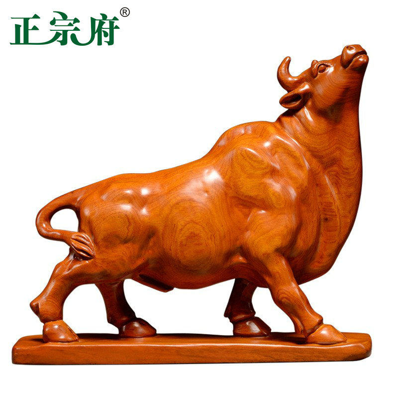 正宗府木雕福牛生肖摆件整木牛气冲天家居办公室手工木头工艺礼品