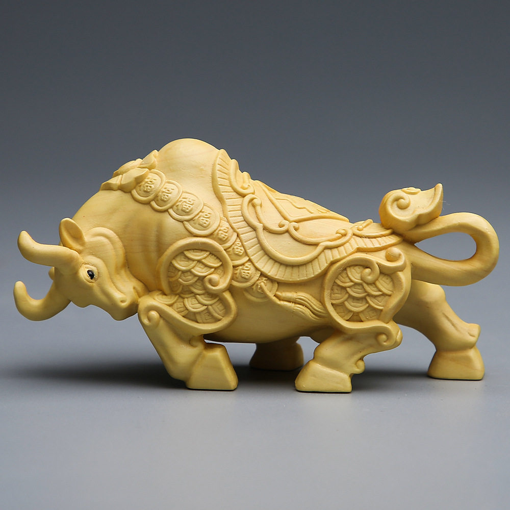 黄杨木雕生肖牛气冲天桌面摆件牛实木雕刻文玩茶宠手把件工艺品