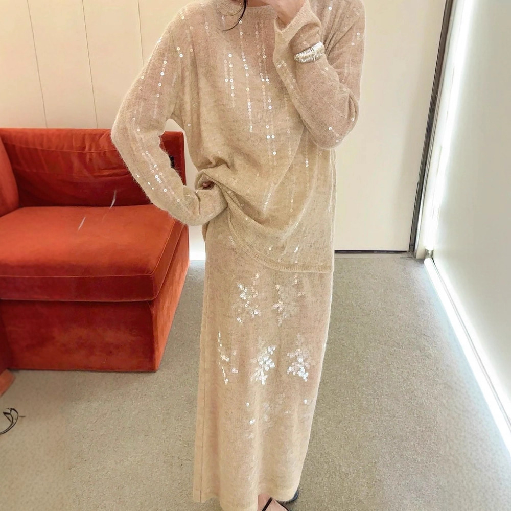 链条/花朵珠片绣针织直筒半裙