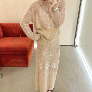 上海高版 套衫 本 花朵珠片绣针织直筒半裙 毛衣上衣女 链条 花一