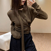 花一 上衣 新lem飘带围巾领羊毛毛衣不对称针织开衫 上海高版 本