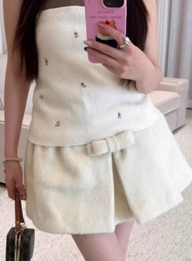 花一【上海高版本】25ss秋冬奶油毛绒蝴蝶结装饰毛呢短裙女marche