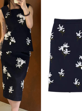 花一【上海高版本】25ss新气质直筒包臀裙丝带绣花半身裙shushuto