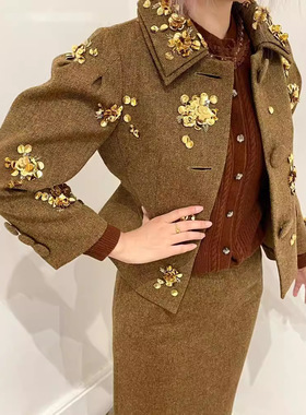 花一【上海高版本】黄金珠花翻领秋冬羊毛外套半裙时尚套装shushu
