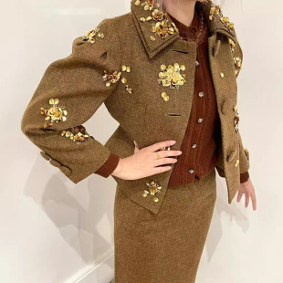 黄金珠花翻领秋冬羊毛外套半裙时尚 花一 上海高版 本 shushu 套装
