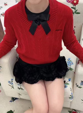 花一【上海高版本】氛围感喜庆新年红色V领套头针织上衣女shushut