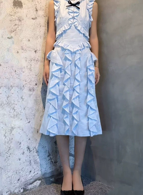 花一【上海高版本】浅蓝色荷叶边蝴蝶结收腰无袖连衣裙女Shushuto