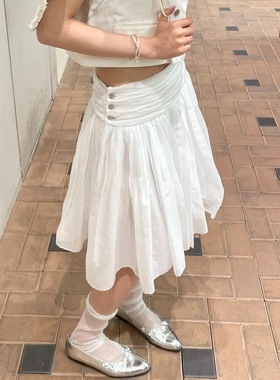 花一【上海高版本】23ss新高级百搭复古纯色云面褶皱半身裙Marche