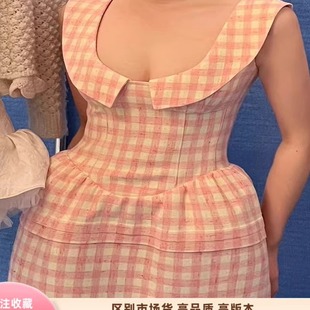 花一【白昼小熊同款】新格子娃娃领减龄方领无袖连衣裙女shushuto