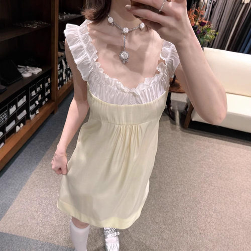 缎面拼接吊带连衣裙女