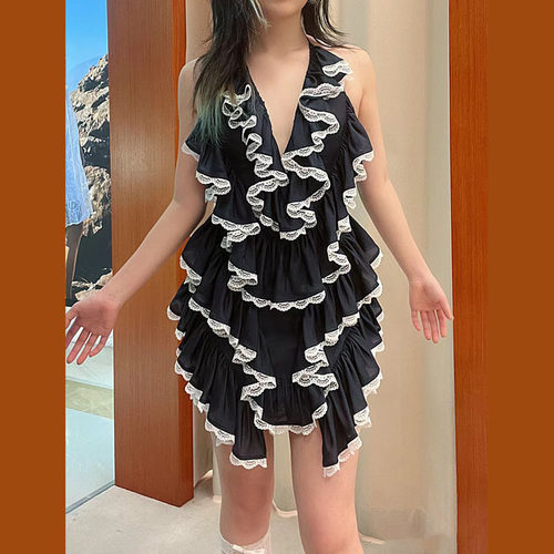 深V不规则连衣裙短裙女