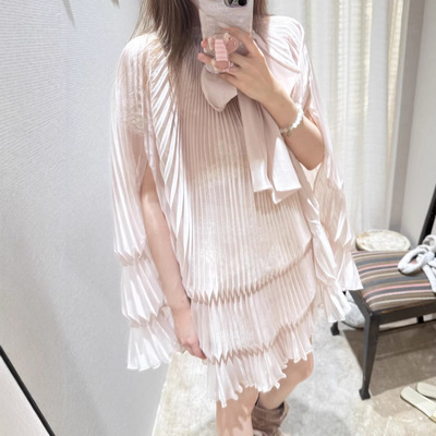 春夏薄纱压褶蝴蝶结绑带上衣