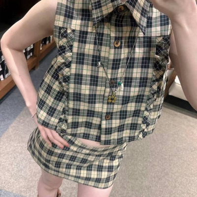 花边装饰格纹短裁廓形马甲背心