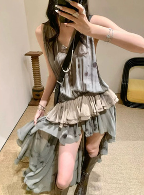 花一【上海高版本】流浪仙女真丝植物染飘逸前短后长花边连衣裙女