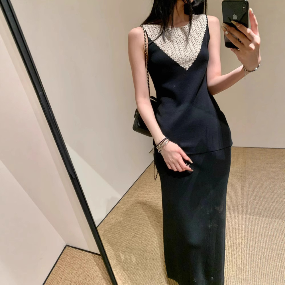 撞色吊带衫侧开叉长半裙女