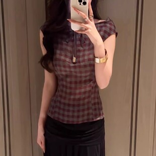 26ss新上衣潮流镂空一字肩短格纹衬衫 本 shushuto 上海高版 花一