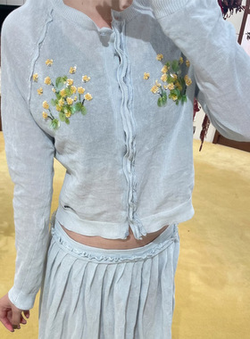 花一【上海高版本】26ss钉珠花朵单排扣短款轻薄针织开衫shushuto