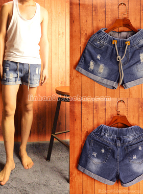 夏季新款男女士水洗纯色修身牛仔三分超短裤男女情侣热裤短裤男潮