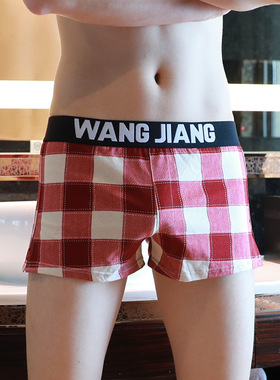 潮男士阿罗裤宽松格子平角内裤二分裤纯棉透气复古性感居家裤睡裤