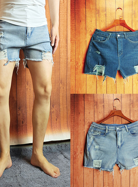 夏新款男士纯色简约三分牛仔短裤女士破洞弹力修身气质超短裤热裤