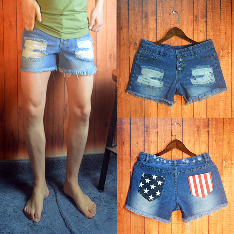 男士超短裤口袋印花破洞割烂纽扣三分裤流苏花色印花牛仔短裤女士