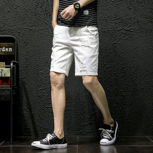 男士牛仔短裤夏天韩版破洞五分裤潮流牌修身白色青年中裤子男休闲