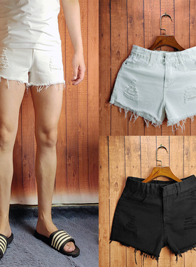 2023新款男士纯色破洞牛仔短裤显瘦毛边三分超短裤女士流苏边热裤
