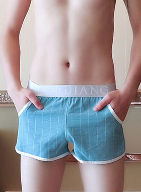 透气宽松男士内裤棉质柔软平角阿罗时尚纯棉裆简约格子家居短裤潮