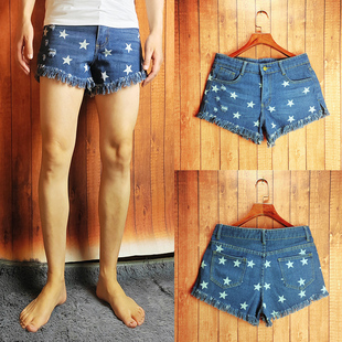 夏男士侧开叉三分裤超短裤热裤时尚星星印花流苏毛边女式牛仔短裤