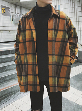 春秋呢子宽松长袖阔型大码格子衬衫男士oversize衬衣外套男女情侣