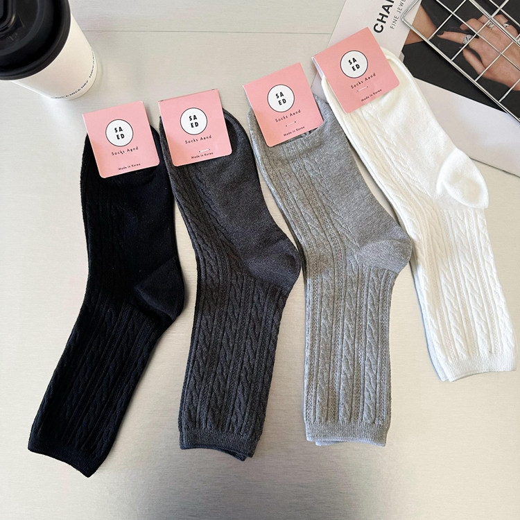 韩国东大门袜子 高级灰色麻花秋冬款棉袜 ins博主同款纯色中筒袜