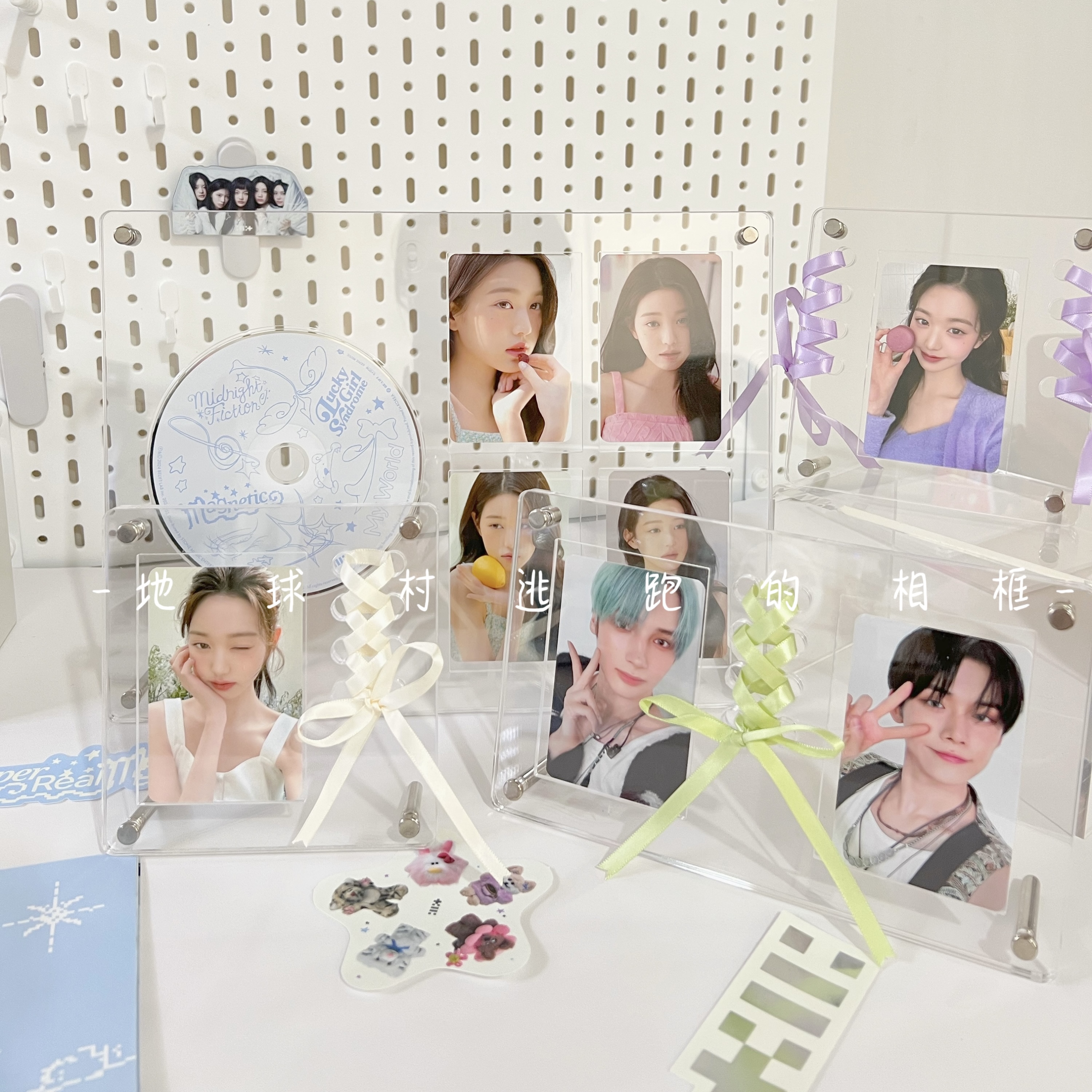ins风亚克力小卡砖3寸照片相框丝带立牌摆件双凹槽展示架高透CD架