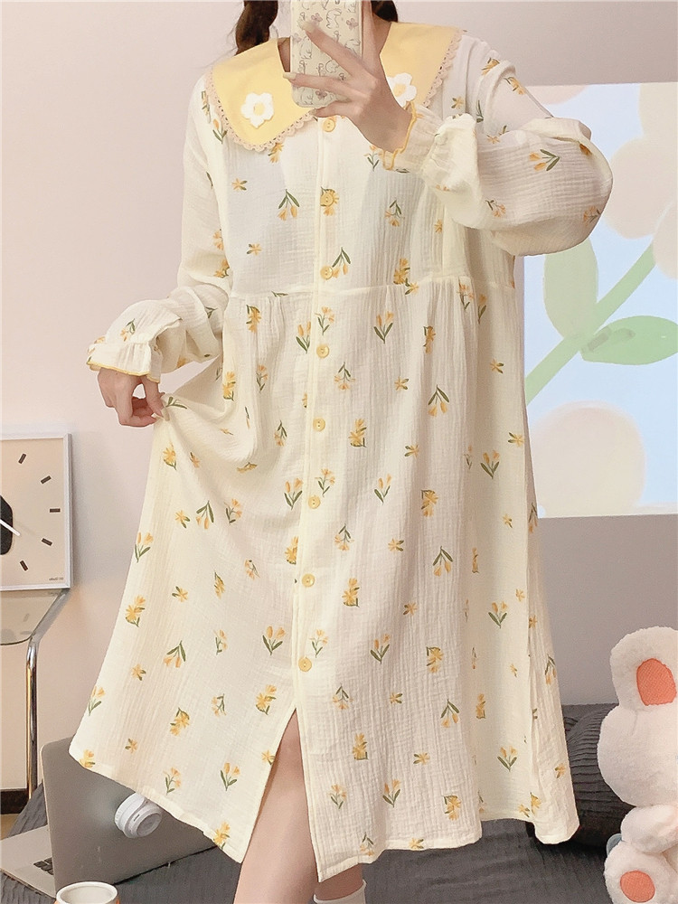 긴팔 수유 잠옷 여름 얇은 순면 거즈 긴 봄 가을 감금 스커트 임산부 및 임산부 수유 스커트