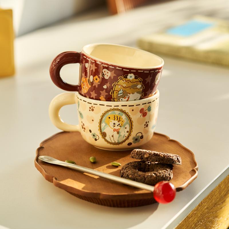 复古可爱小猫插画陶瓷杯氛围感