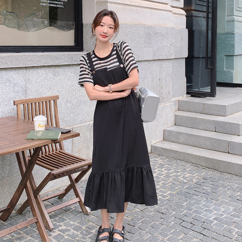 新款现货条纹拼接黑色背带连衣裙178-232-p115-k168，女装连衣裙，浙宝178