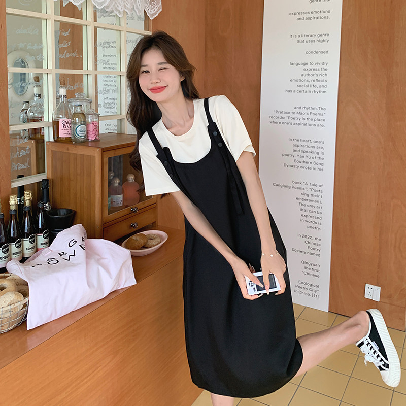 黑色假两件连衣裙夏季女2025新款别致设计减龄小个子显高漂亮裙子,女装连衣裙,浙宝178