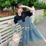 假两件拼接牛仔连衣裙女2025夏季新款盐系休闲气质收腰显瘦A字裙，女装连衣裙，浙宝178