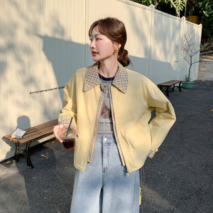独特超好看黄色短款假两件工装外套女春秋2025新款设计感休闲夹克图片