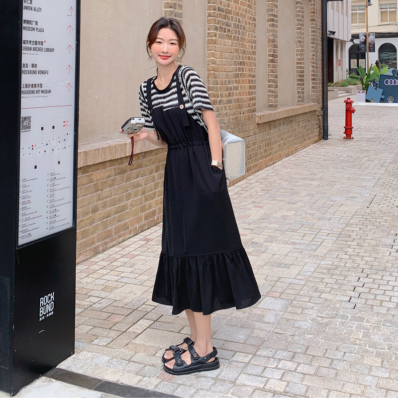 新款现货条纹拼接黑色背带连衣裙178-232-p115-k168，女装连衣裙，浙宝178