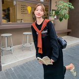 黑色字母长袖连衣裙女2025春季新款韩系慵懒风披肩宽松休闲T恤裙，女装连衣裙，浙宝178
